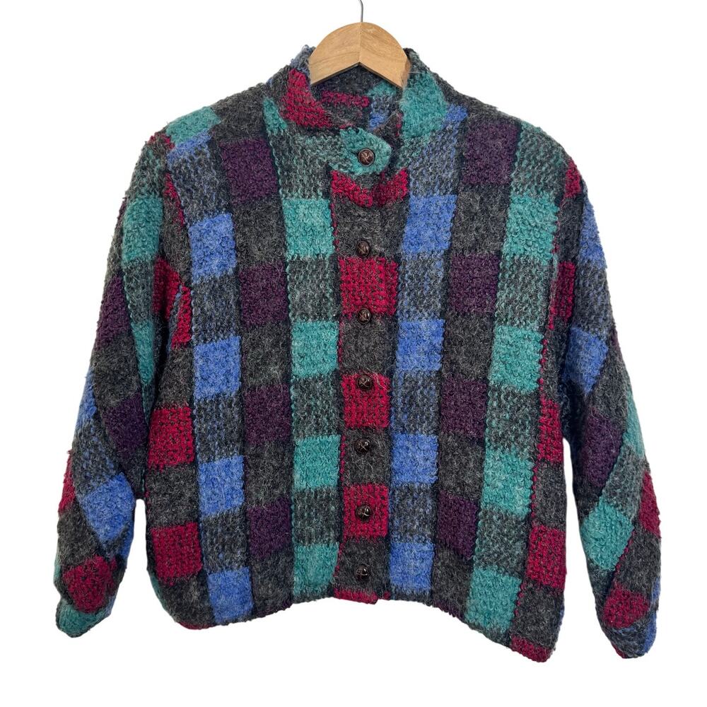 Doncaster woven mohair wool soft sweater jacket Women 10 Check Print Cabincore
